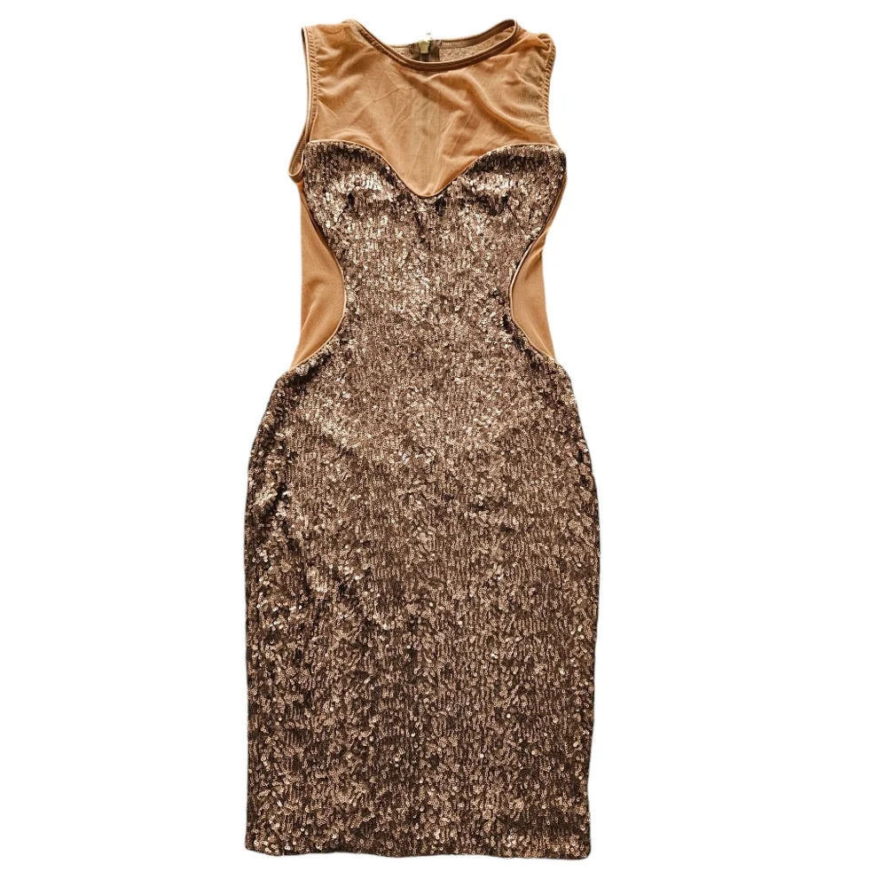 NWT Dress the Population Champagne Gold Glam Sequin Sexy Cut Out Mesh Bodycon XS - Picture 3 of 6